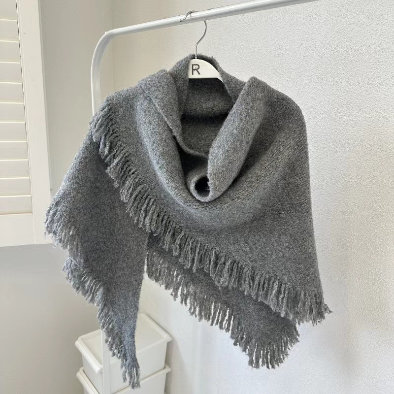Écharpes chaudes d'hiver en laine mélangée pour femmes, couleur unie, grand châle Triangle de 175cm avec glands