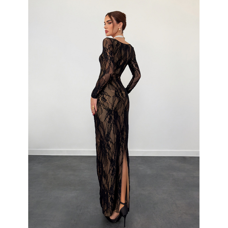 Robe de Banquet élégante pour femmes, mode printemps-automne, revers, manches longues, Slim, creux, couleur unie, dentelle, fente latérale, robes de mariage
