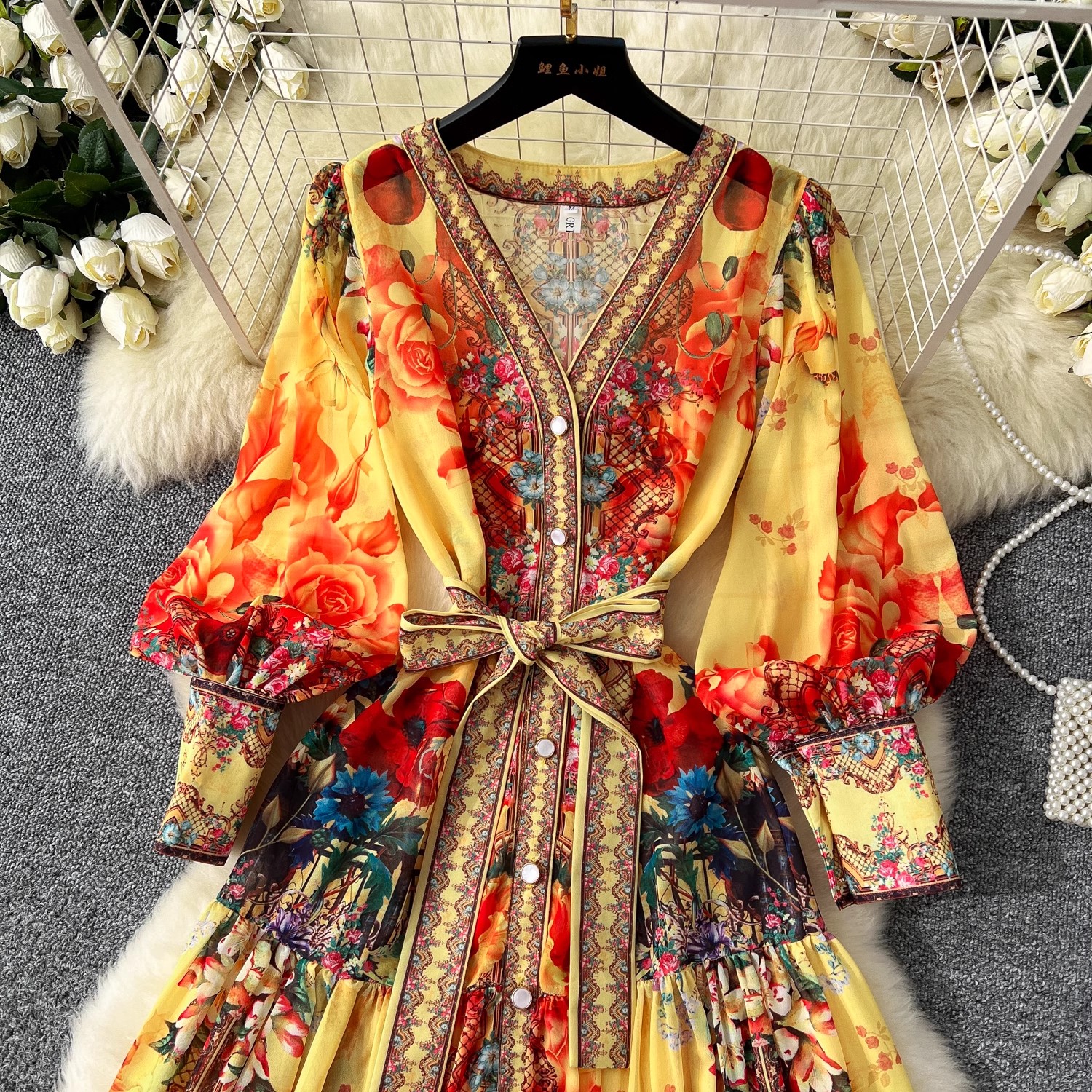 Robe d'été bohème en mousseline de soie à fleurs pour femmes, col en V, manches longues lanterne, ceintures, plage, vacances, éducatif, 2025
