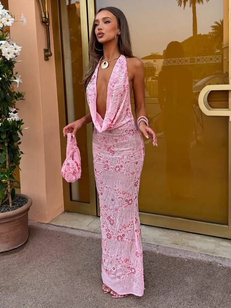 Avrilyaan perlée profonde V fête robes sexy dos nu pansement moulante élégante soirée longue robe femmes 2024 robe d'été robes