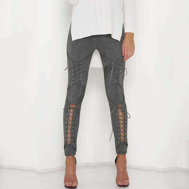Pantalon crayon tendance pour femmes, Design de Niche, à bretelles, cors, Bandage, lacets croisés, peau de cerf, velours, daim, pantalons élégants de rue