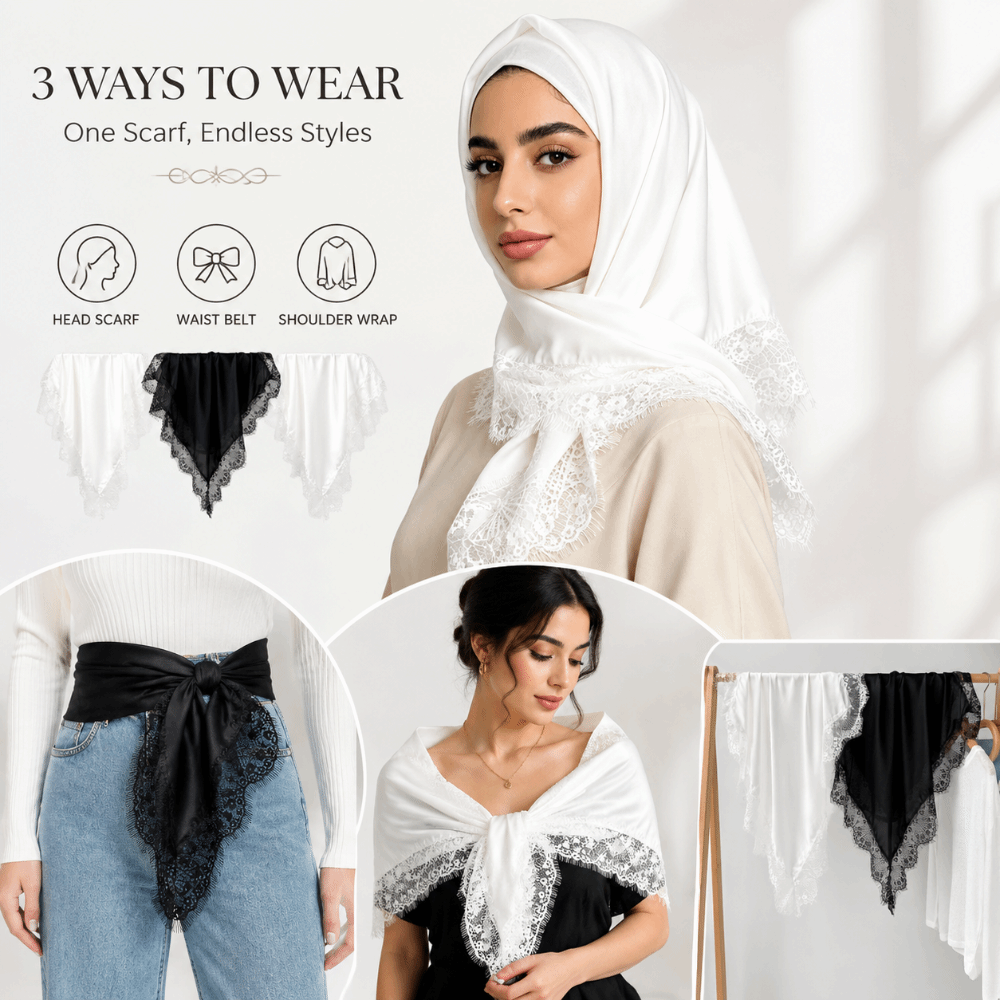 Écharpe carrée unie tendance avec bordure en dentelle, en fibre de satin lisse, protection solaire, hijabs en soie pour la plage