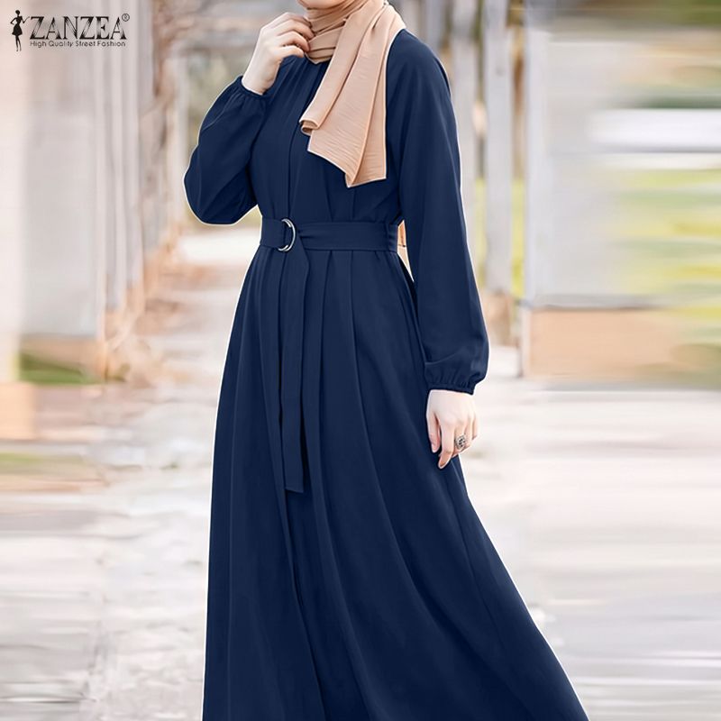 Robes Abaya Hijab Musulmanes Modestes ZANZEA pour Femmes – Élégante Robe Longue à Col Rond et Manches Longues avec Ceinture, Couleur Unie, Coupe Ample, Style Dubaï, Ramadan