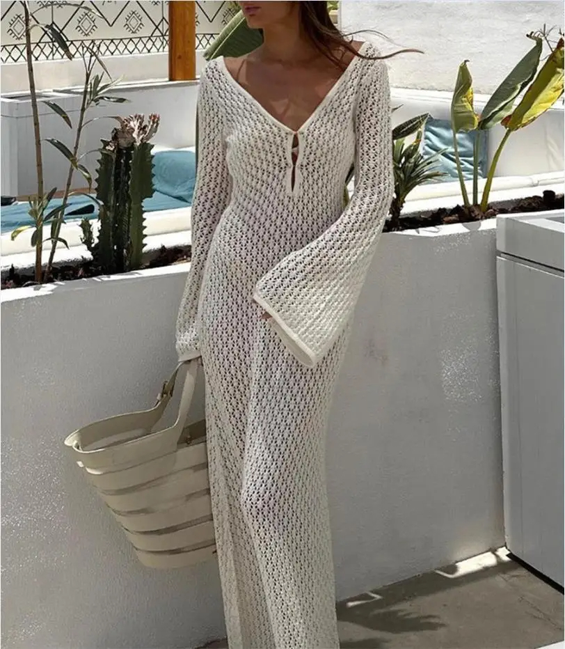 Robe de plage longue en tricot pour femmes, Sexy, ajourée, décolleté en v profond, manches longues, Cover-Up pour Bikini, dos nu, robe de vacances, automne