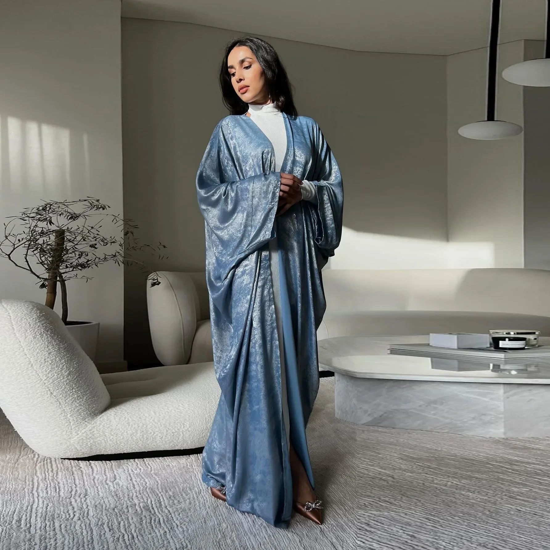 Robe longue en satin pour femmes, caftan musulman, kimono ouvert sur le devant, cardigan, Turquie, robes islamiques, vêtements arabes