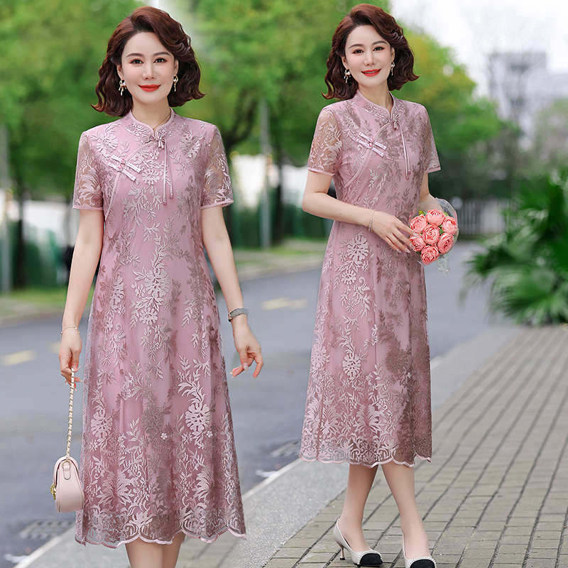 Robe Vintage à manches courtes pour femmes, vêtements de Style chinois pour mères d'âge moyen, robes longues au genou, robe de Banquet de mariage
