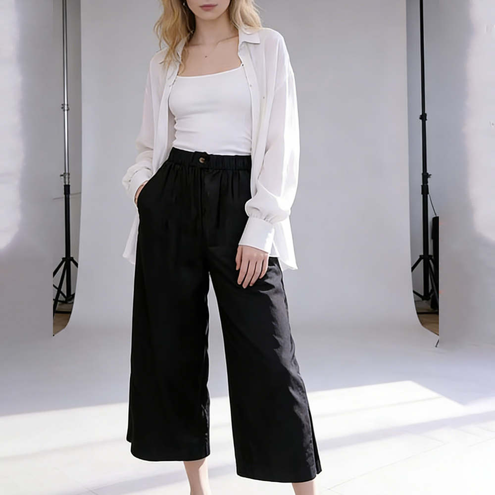 Pantalon large noir pour femme, décontracté et tendance, longueur cheville, avec poches, style 2026