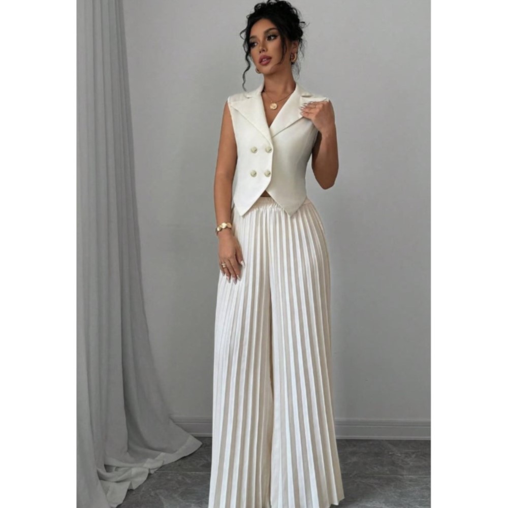 Gilet et pantalon formel élégant pour femmes, 2 pièces, nouvelle mode rétro, jambes larges plissées, amincissant, sans manches, ensemble féminin, printemps