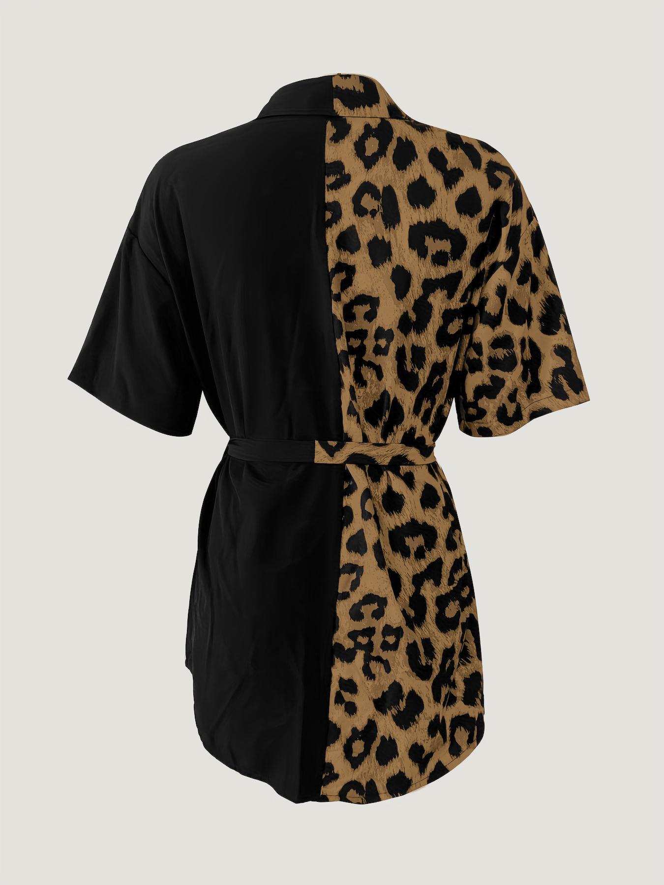 Robe chemise asymétrique à manches courtes pour femme, imprimé léopard uni, design contrastant bicolore, tenue décontractée tendance