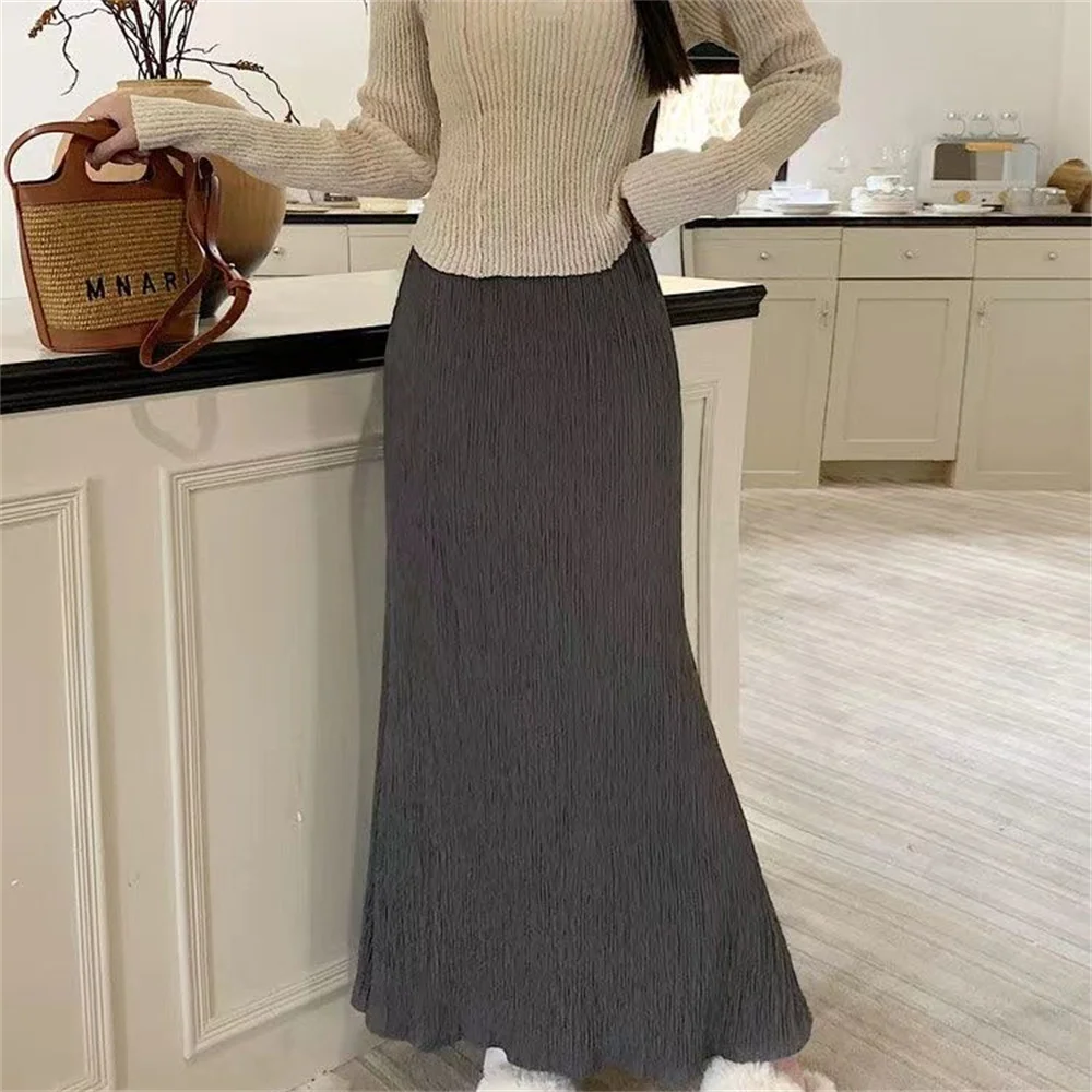 Jupe longue plissée taille haute pour femme, jupes sirène minces, jupes midi vintage, style streetwear féminin, mode élégante, marron, 2025