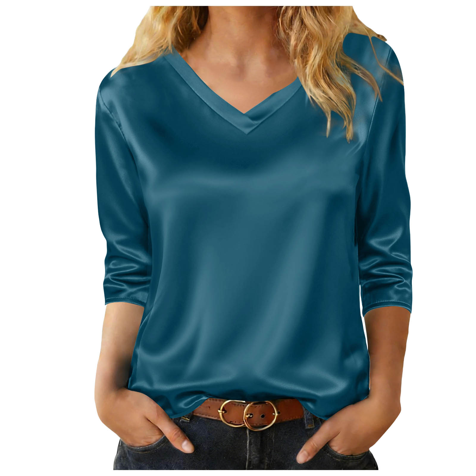 Chemise en satin de soie pour femmes, élégante et décontractée, col en V, manches 3/4, tunique, hauts unis, chemises de travail pour femmes de bureau, chemises décontractées pour le travail