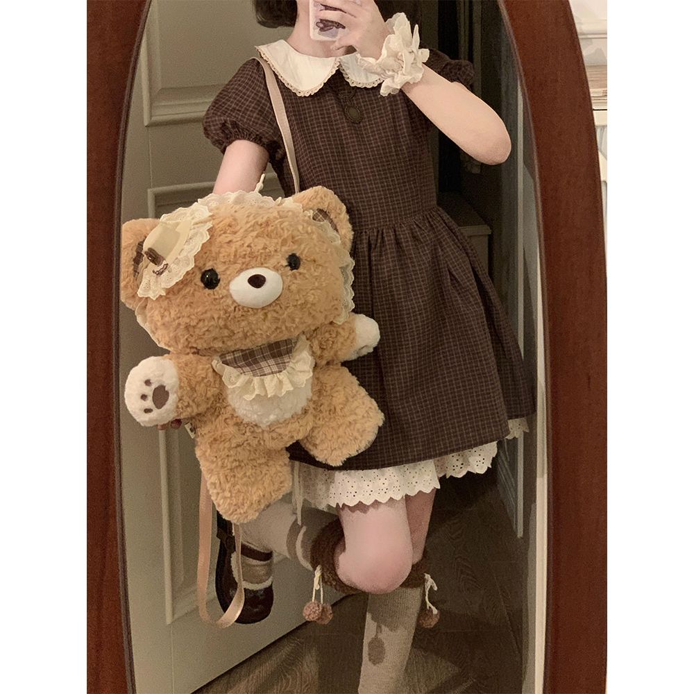 Robe Courte Femme Vintage Japonaise Marron à Carreaux Col Peter Pan Manches Bouffantes avec Dentelle et Taille Cintrée Tenue d'Été Campus Nouveauté 2026