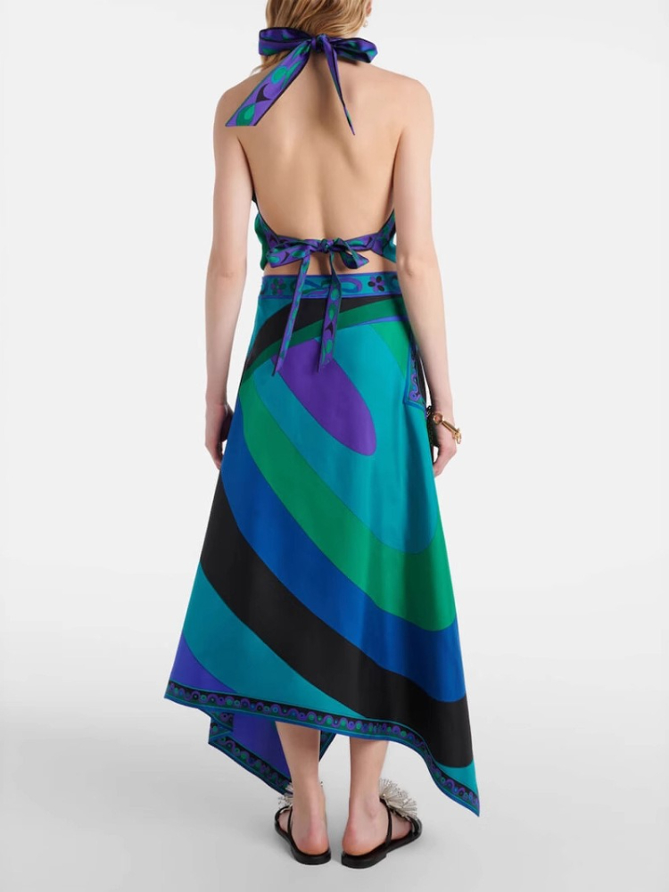 Jupe en Satin élégante pour femmes, ensemble deux pièces imprimé, col suspendu, haut irrégulier, demi-corps, nouvelle mode d'été