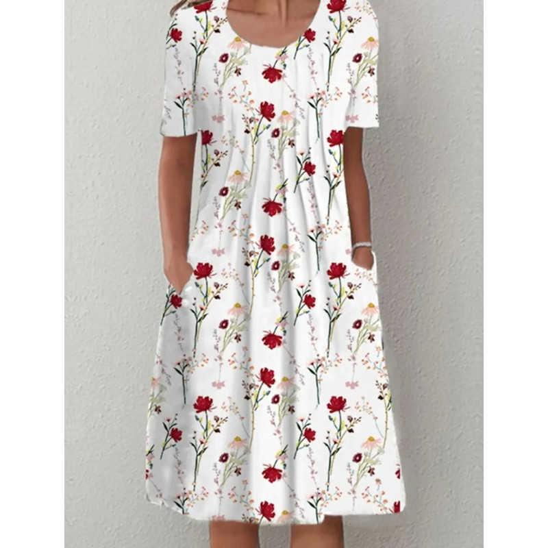 Robes pour femmes 2026 Printemps-Été, imprimé floral, manches courtes, col rond, poches, longueur genou, pour vêtements féminins