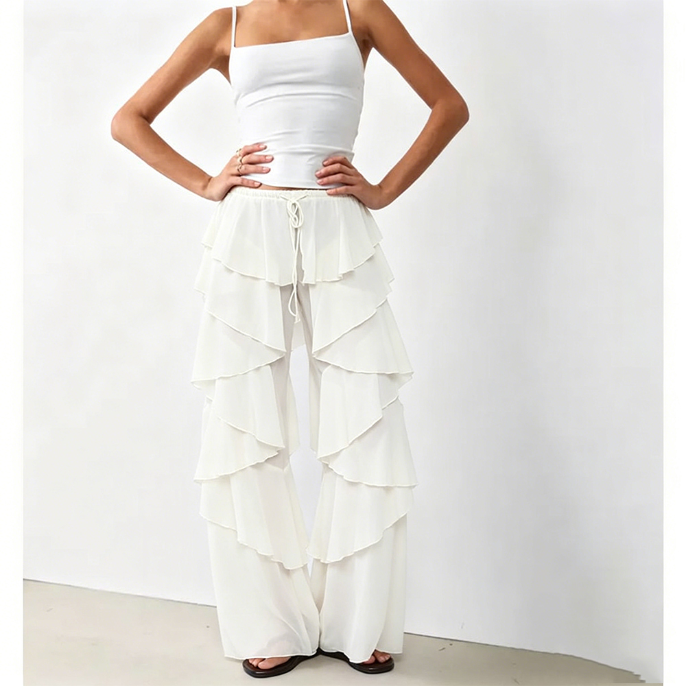 Pantalon Palazzo Bohème en Chiffon Transparent à Volants Superposés pour Femme, Taille Haute, Ample et Fluide, avec Cordon de Serrage, Idéal pour les Vacances