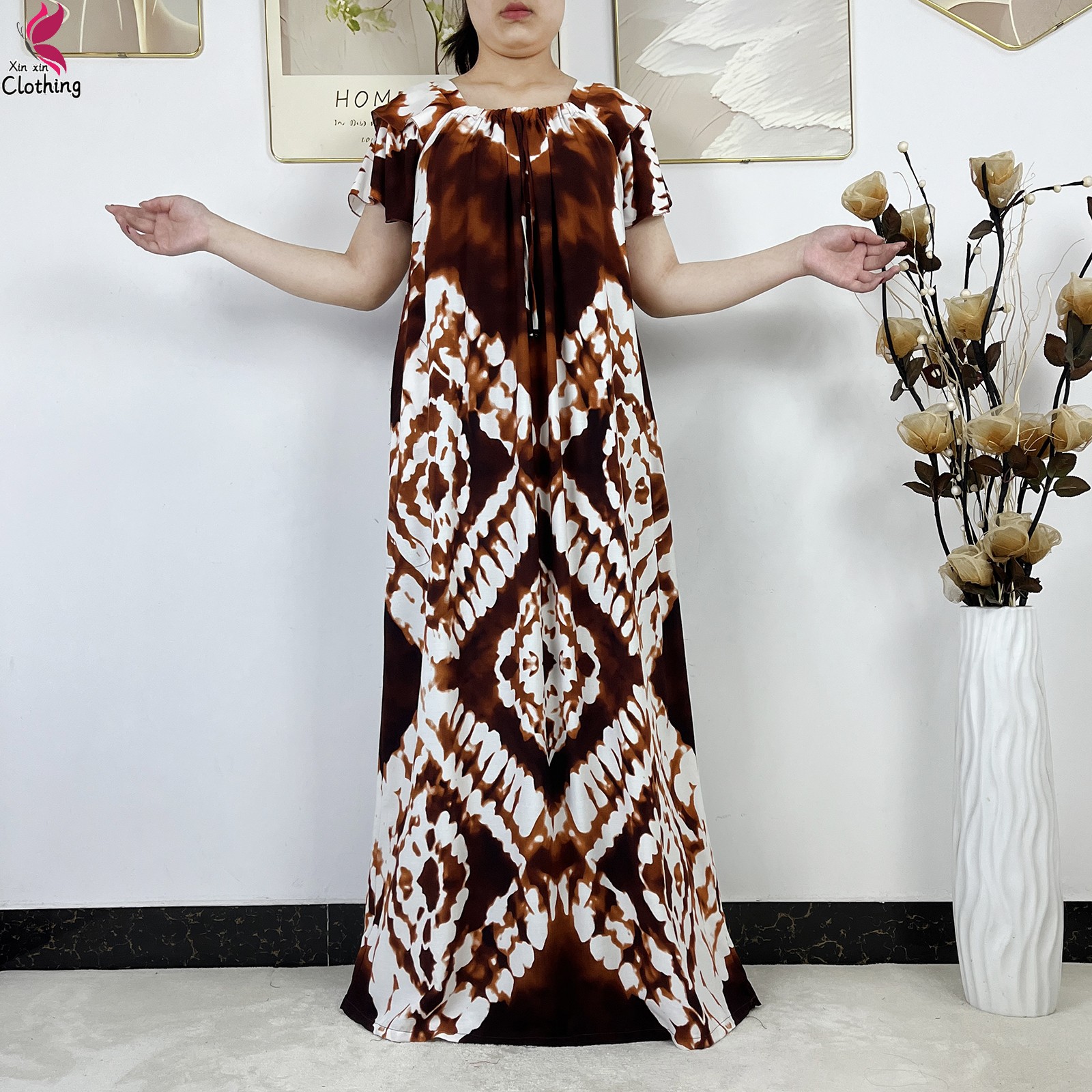 Nouvelle Robe Musulmane Élégante Tie-dye Col Bateau Manches Courtes Coton Femme Abaya Bohème Maxi Robe Décontractée Vêtement Africain Abaya