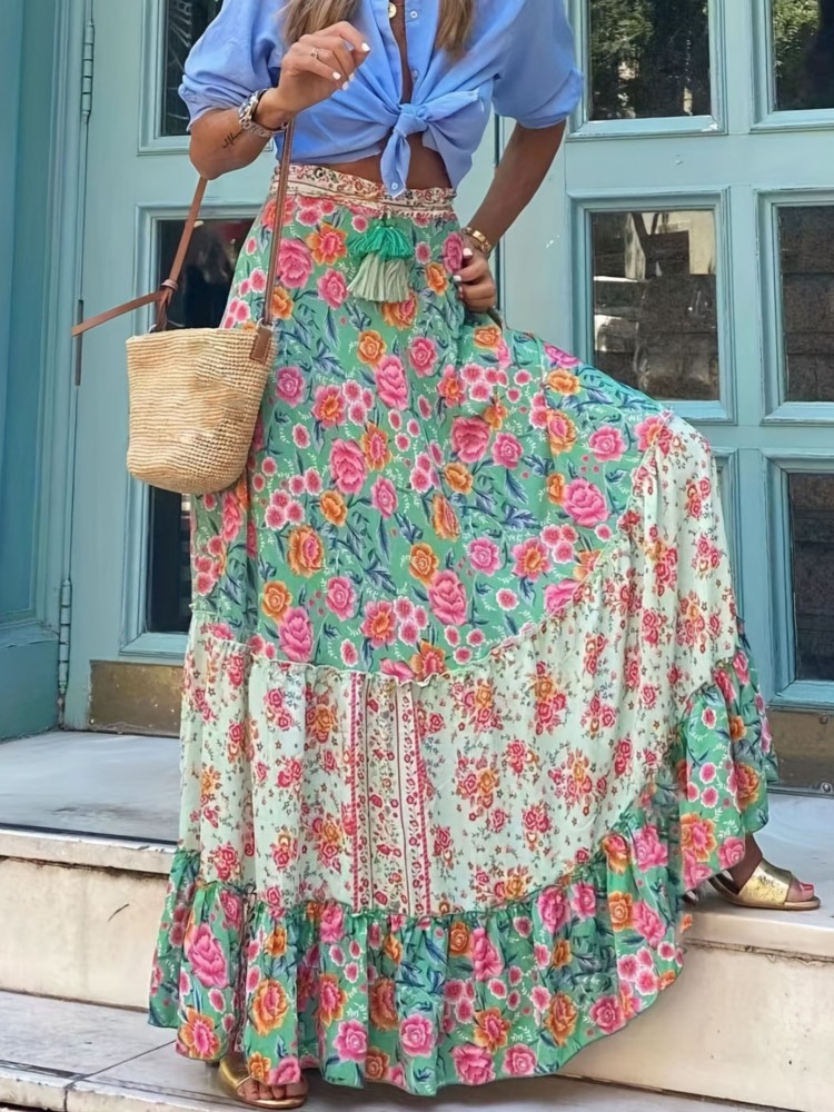 Femmes imprimer jupe longue mode Vintage jupes amples dame décontracté élégant Boho plage vacances jupes femmes vêtements été nouveau