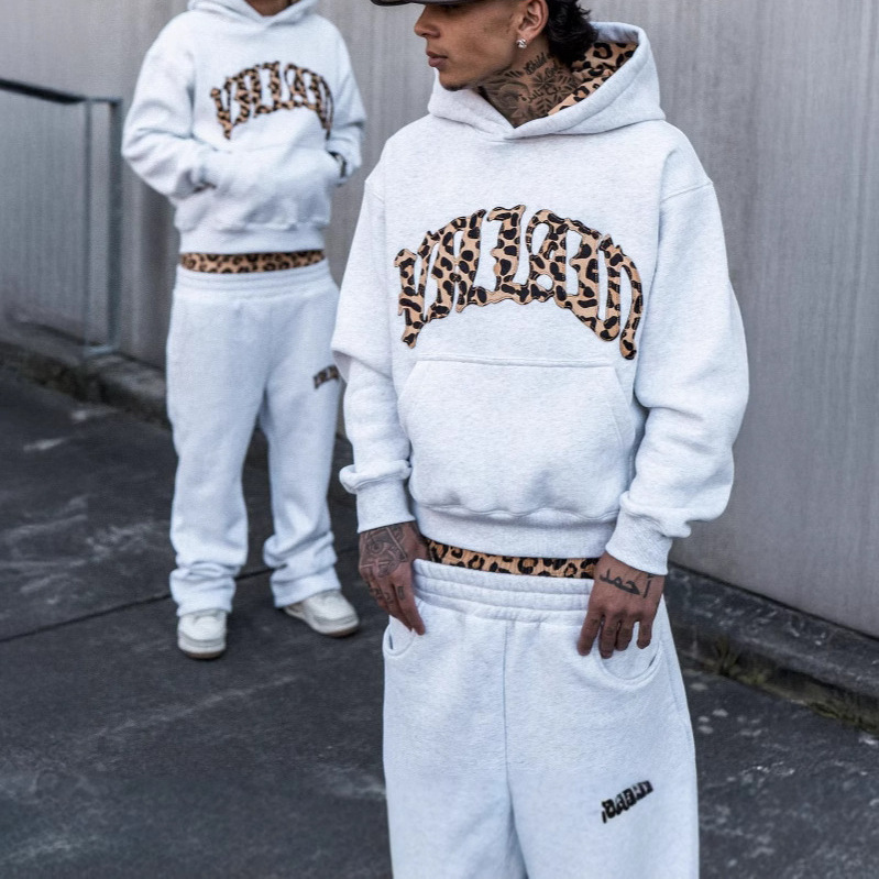 Sweat à capuche pour hommes, hip-hop américain, imprimé léopard, lettres brodées, rétro, Harajuku, costume de sport de rue, sweat-shirt décontracté à la mode