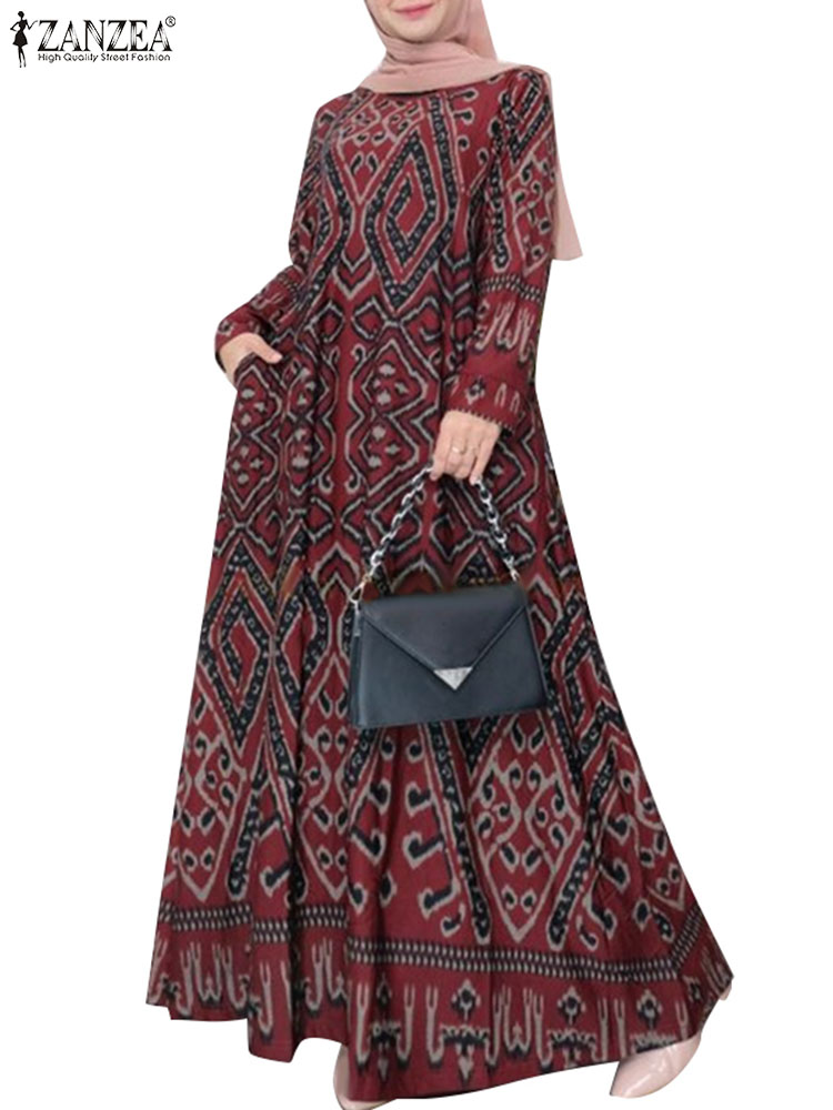 ZANZEA-Robe Longue Vintage à Imprimé Floral pour Femme, Hijab de Turquie, Abaya Musulmane à Manches sulf, Maxi, Printemps