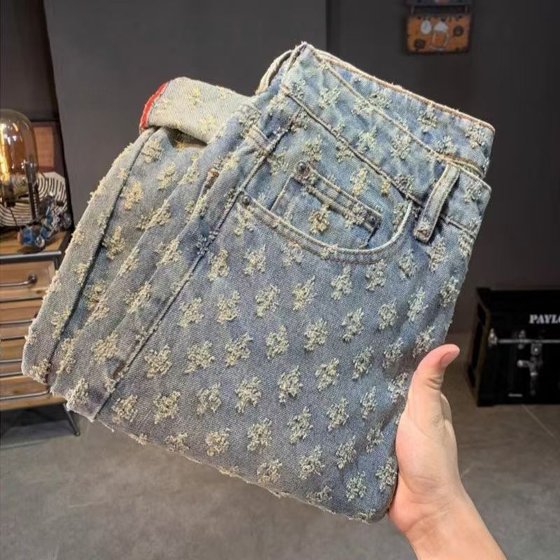 Jean Jacquard imprimé complet pour hommes, pantalon Streetwear haut de gamme, tendance, américain, High street, jambe droite, légèrement évasé, été