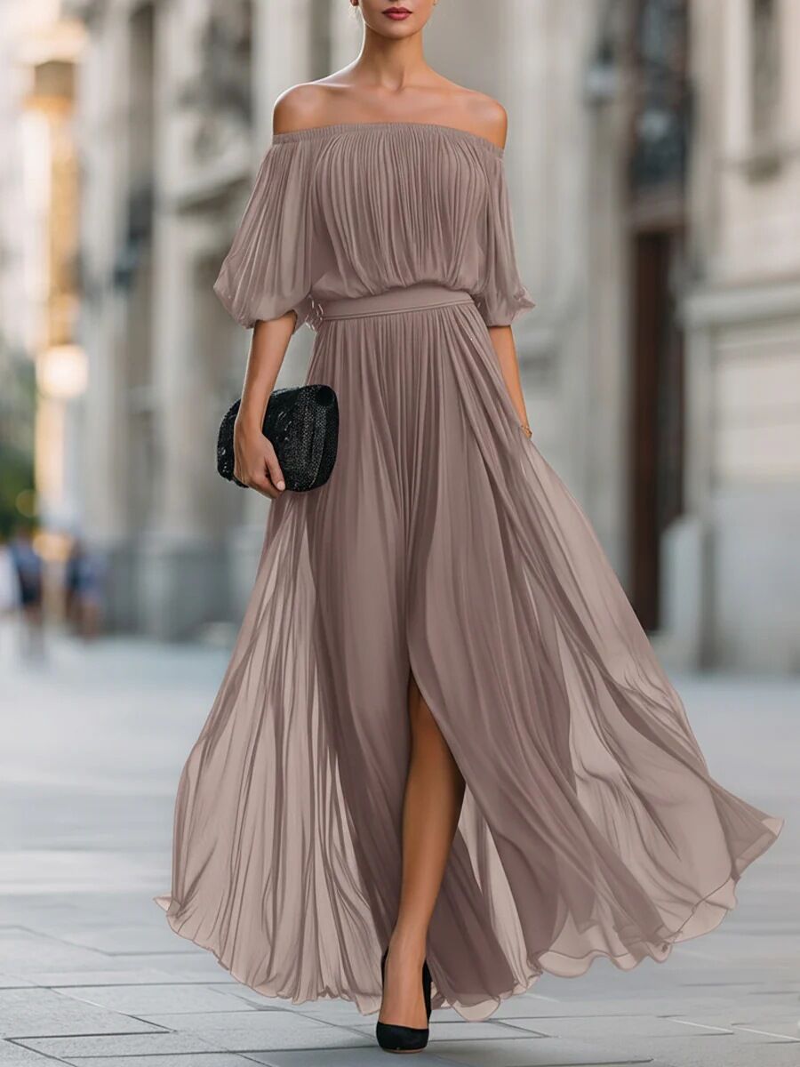 Robe longue élégante pour femme, en mousseline, épaules dénudées, sexy, froncée, avec fente, jupe fluide, pour soirée et fête