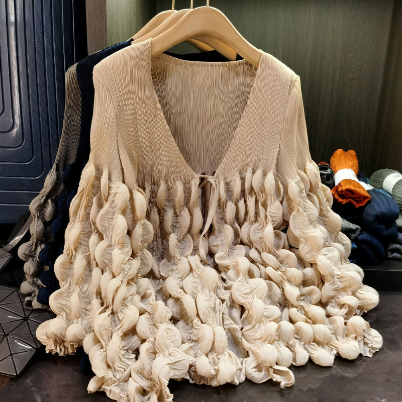Femmes manteaux élégants plissé à manches longues vestes à lacets épissé décontracté col en V manteau élégant dame Cardigan vêtements d'extérieur automne 2025