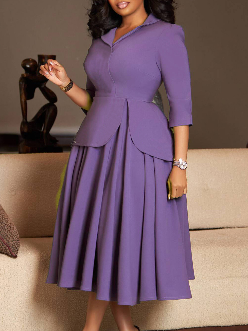 Robe grande taille pour femmes, mode automne printemps, manches trois-quarts, col de costume, couleur unie, avec grande jupe ourlet