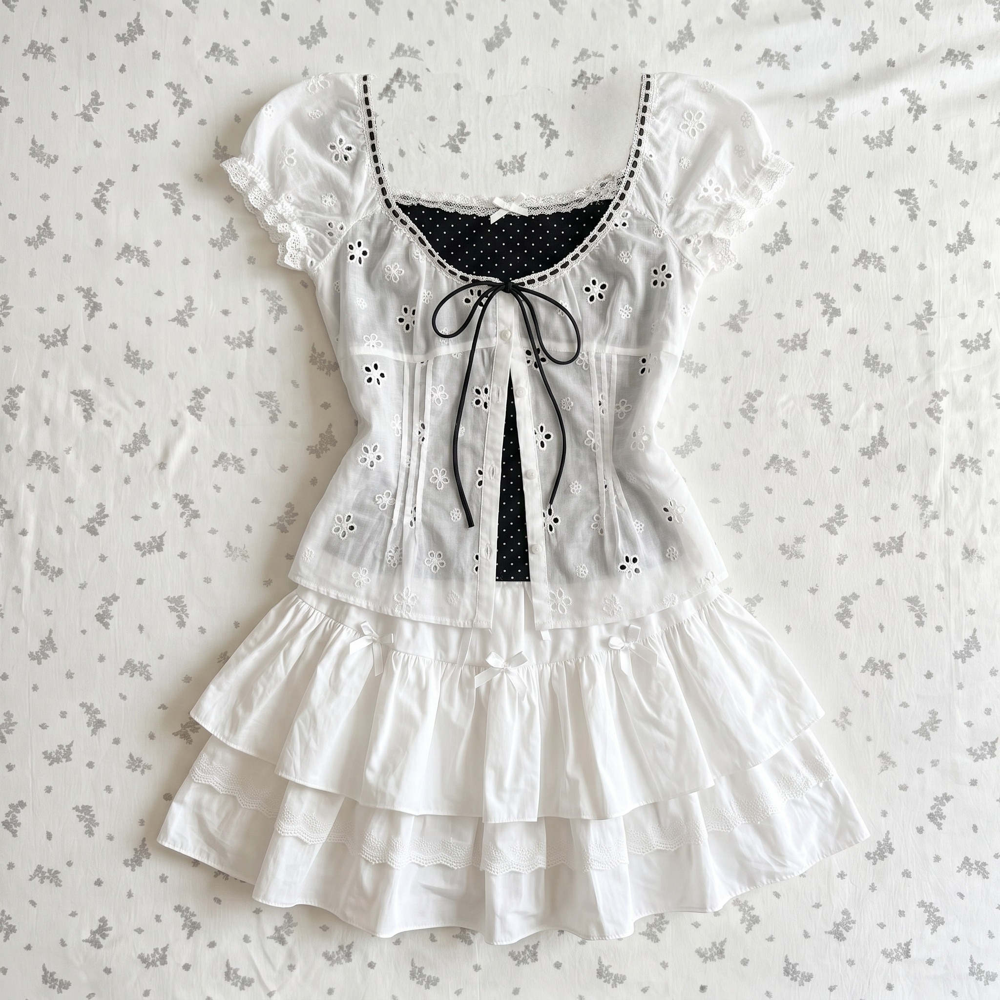 Tenue japonaise en deux pièces, haut à manches courtes et col carré en dentelle + mini-jupe Y2K Harajuku Lolita Kawaii, costume streetwear