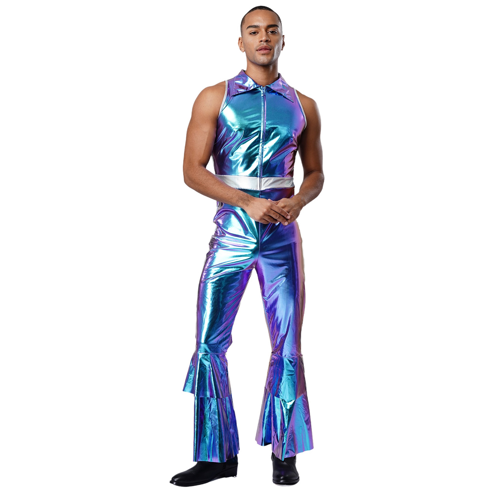 Tenues de danse Disco métalliques brillantes pour hommes, col à revers rétro des années 70, combinaison sans manches à jambes évasées, Costume Hippie pour Halloween