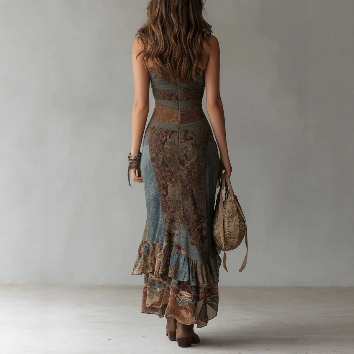 Robe longue vintage à imprimé floral pour femme, style bandage asymétrique à volants, fendue, pour les vacances et le streetwear, coupe moulante