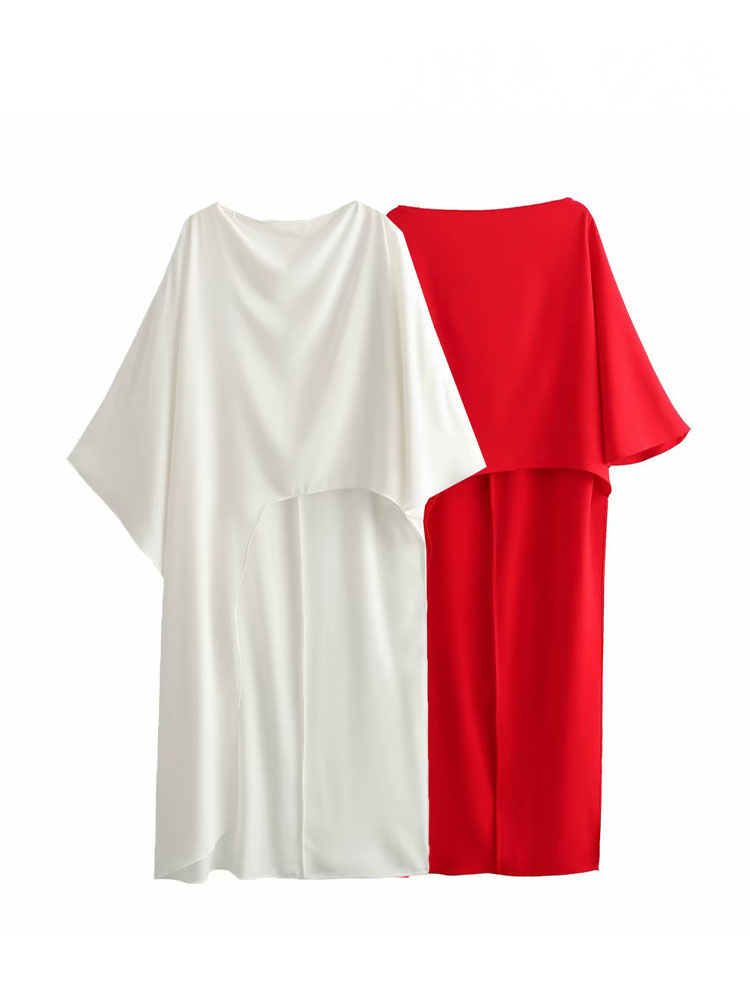 HH femmes automne mode col rond asymétrique Cape Style chemise rouge Satin femmes chemise longue Chic haut décontracté Resort Style