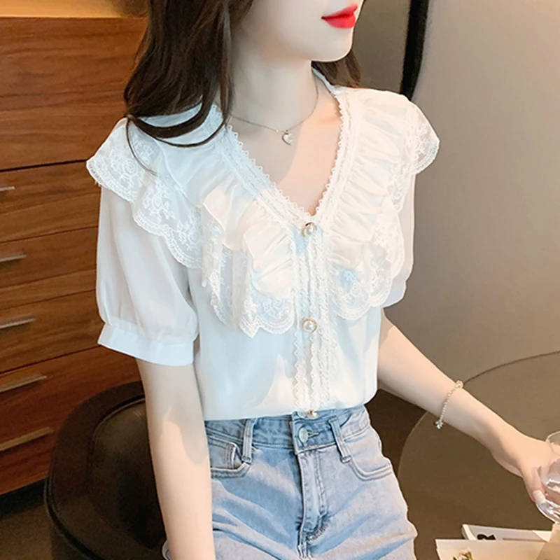 Blouses en Chiffon et Dentelle pour Femme Été 2026 – Élégantes, Tendance, Blouses Blanches Décontractées, Coupe Slim, Manches Bouffantes Vintage, Hauts Féminins