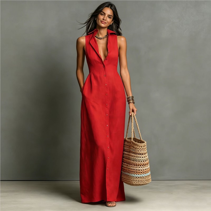 Nouvelle Robe Chemise Longue Femme Col V Sans Manches Boutonnée Coupe Slim Décontractée pour l'Été et les Fêtes