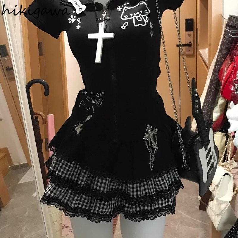 Mini jupes japonaises pour femmes, Streetwear, Patchwork en dentelle, Plaid Saia 2025, ligne a, mode Punk Y2k