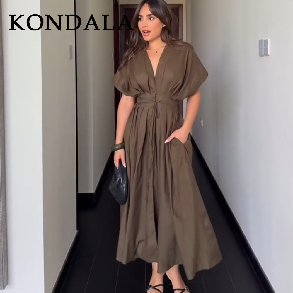 Robe Vintage Femme KONDALA Printemps-Été 2026 – Chic, Marron, Col V, Sans Manches, Drapée, Boutonnage Simple avec Ceinture