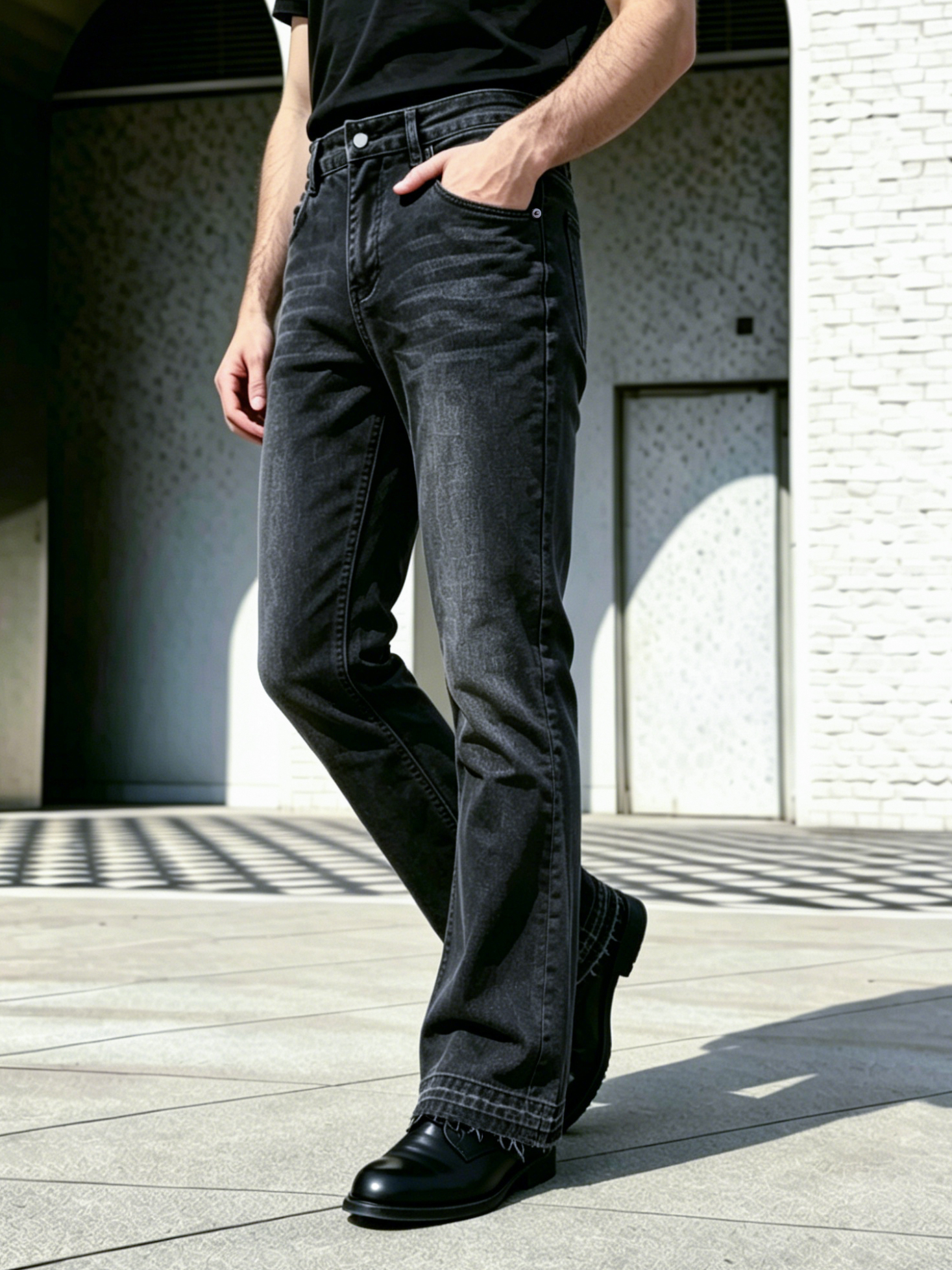 Pantalon en jean pour homme, coupe bootcut évasée, noir délavé, ourlet effiloché