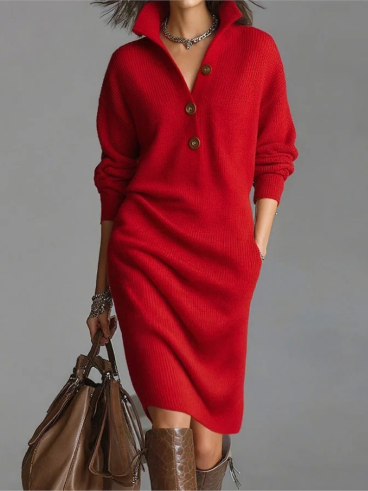 Robe pull tricotée pour femme, mode hiver, décontractée, à col boutonné, coupe ample, avec poches, style décontracté, longue, à manches longues, au-dessus du genou