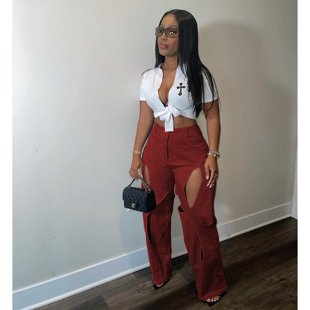 Pantalon Femme Ample Long Vintage Coupe Slim Taille Haute Droit Évidé Y2K Streetwear Sexy Élégant Travail 2026