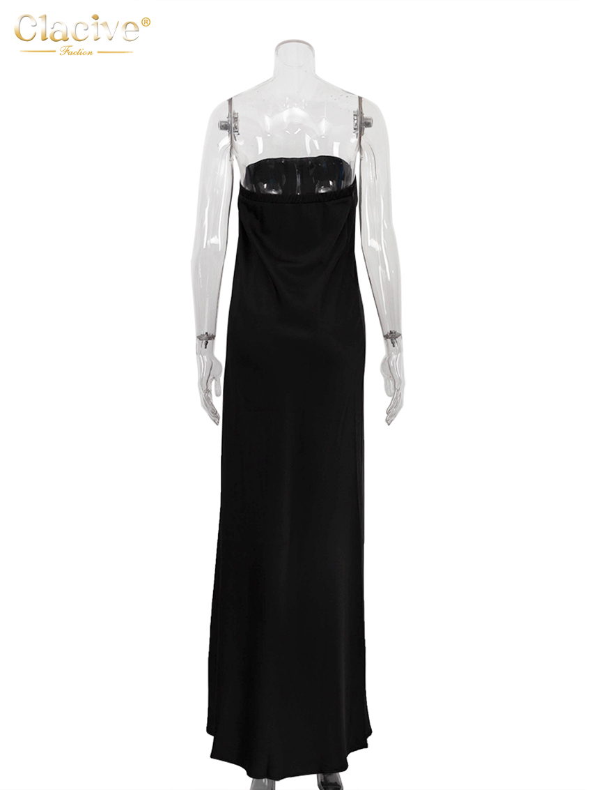 Clacive été ample noir femmes robe 2025 mode sans bretelles sans manches Maxi robes Sexy classique solide robe femme vêtements