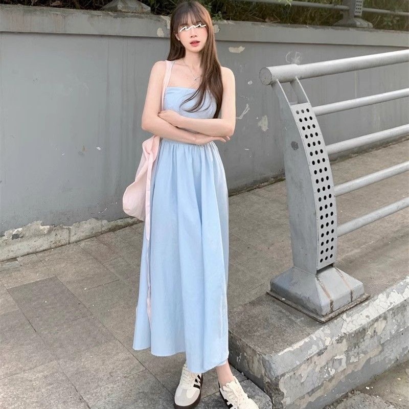 Robe longue décontractée d'été pour femme, sexy, à col carré, dos nu, coupe trapèze, style nuisette, colorée
