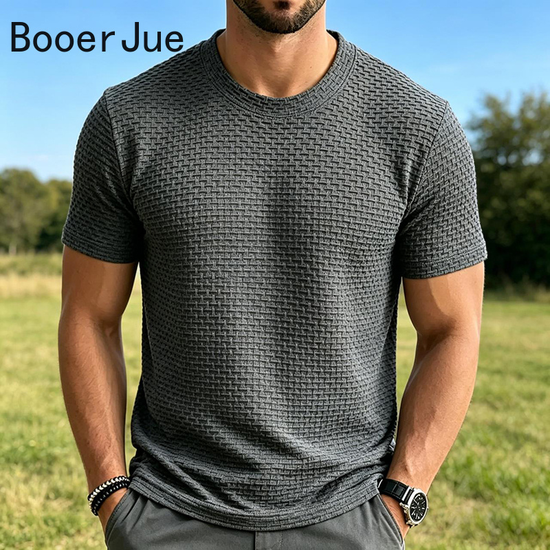 T-shirt Homme Haut de Gamme en Soie Glacée et Maille, Manches Courtes, Col Rond, Été, Demi-Manches, Couleur Unie, Sportif, Léger