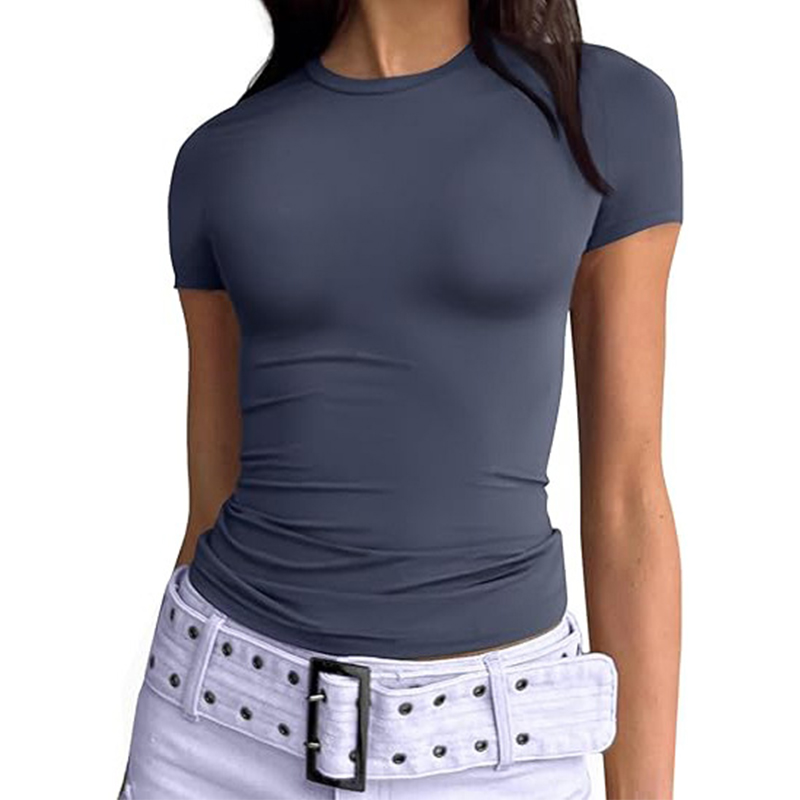 1 pièce T-shirt de sport pour femme et fille, uni, basique, à manches courtes, coupe ajustée, col rond, sexy, pour fitness, course et yoga, haut décontracté