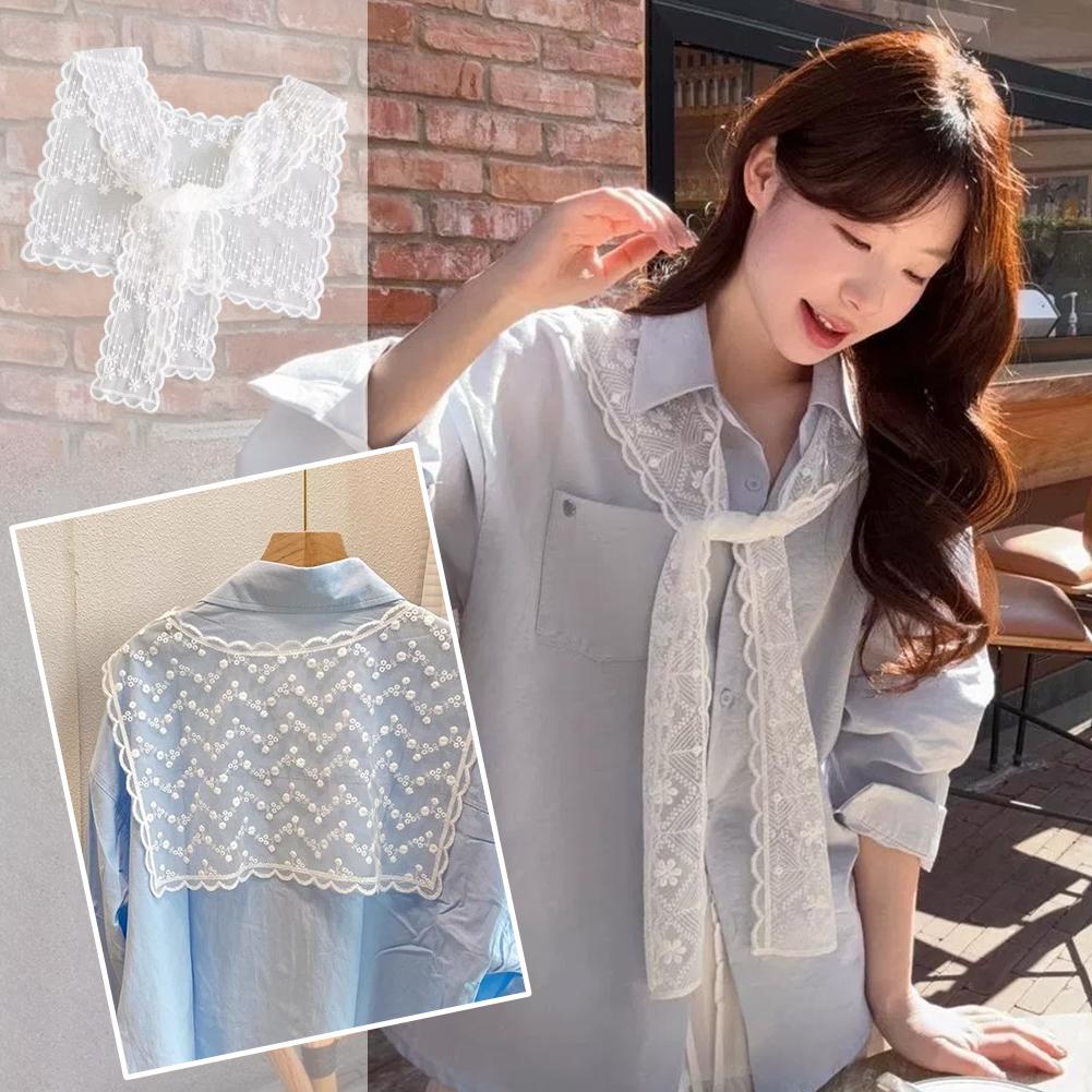Mini-écharpe élégante en dentelle ajourée pour femme, col décoratif, cache-épaules polyvalent pour chemises et robes