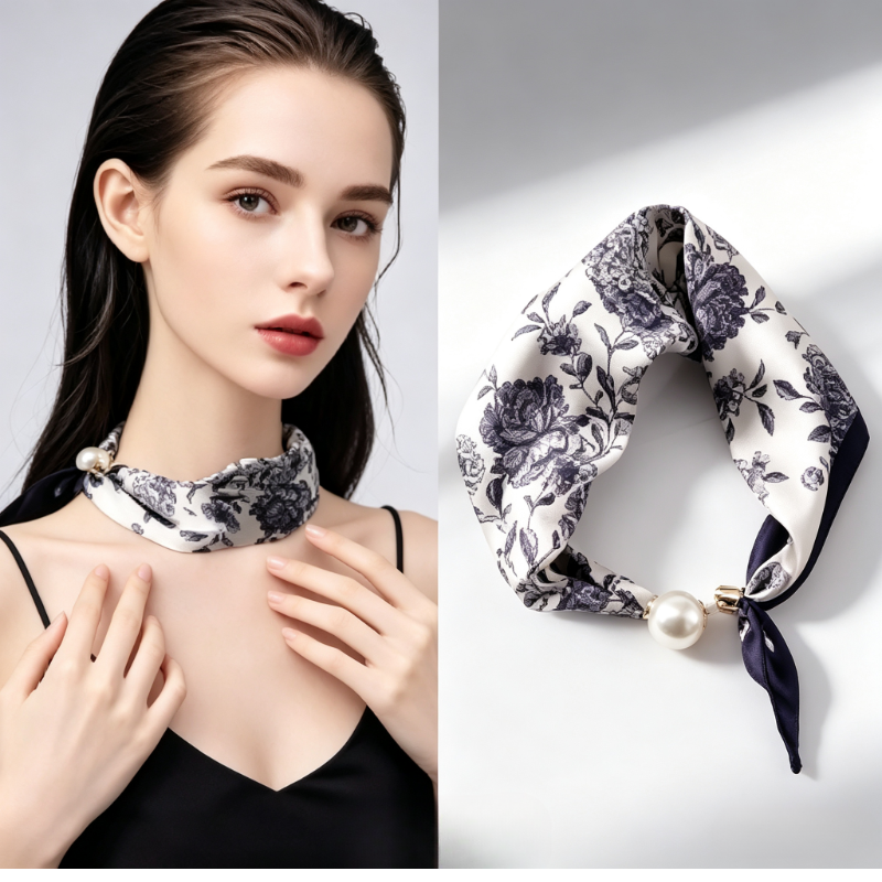 Écharpe de cou en satin pour femmes, petit foulard rayé noir et blanc avec grande boucle magnétique en perles, accessoire de cou élégant et décoratif.