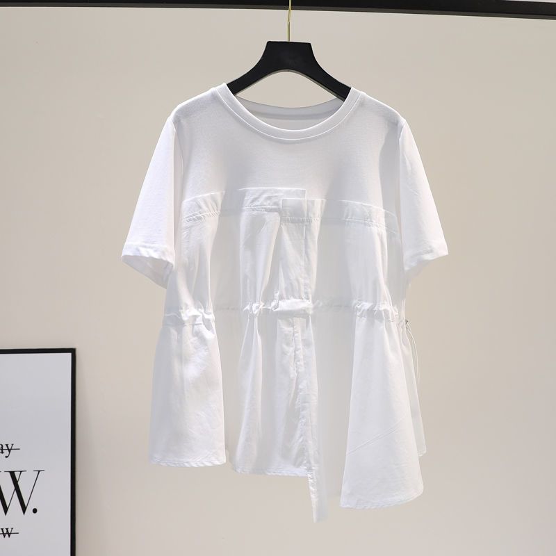 Femmes vêtements contraste irrégulier Patchwork tendance hauts été nouveau à manches courtes cordon ample Vintage t-shirts mode décontracté