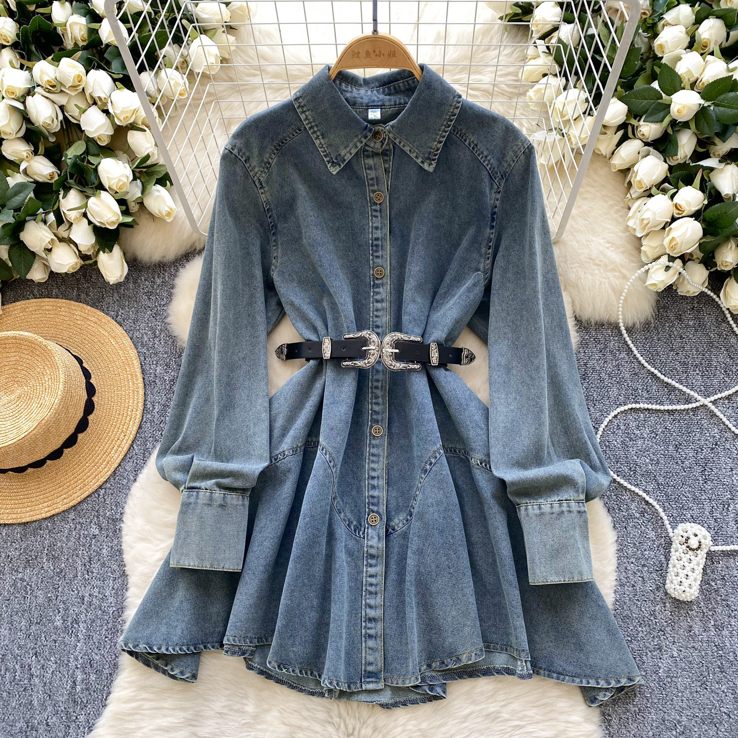 Robe en jean pour femme, mini-robe vintage délavée, col rabattu, simple boutonnage, coupe trapèze, streetwear, printemps-été 2026