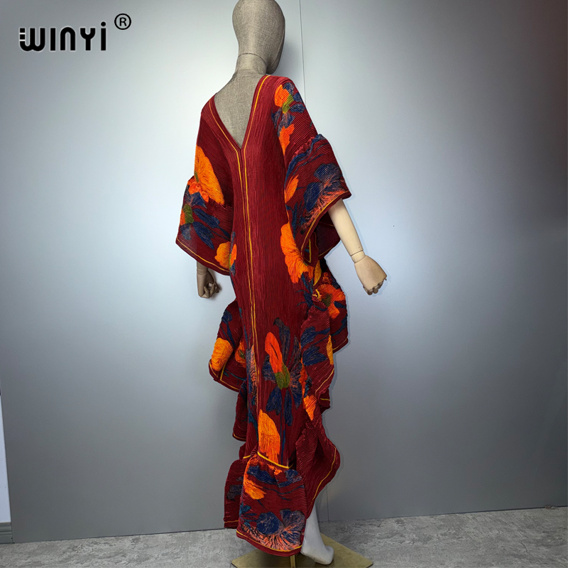Robe Kaftan Maxi Bohème WINYI Style Moyen-Orient Élégante Plissée Cache-maillot de Plage Élastique Luxe Soirée Fête Dubaï Abaya