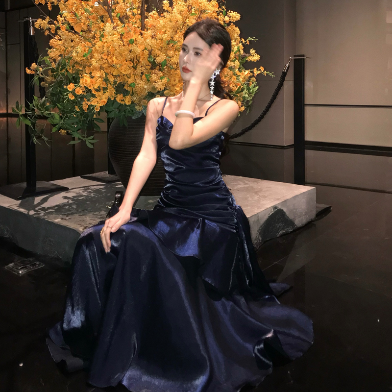 Robe longue de soirée élégante et Sexy pour femmes, tenue de soirée d'anniversaire, sans manches, bretelles Spaghetti, dos nu, style sirène, à volants, été
