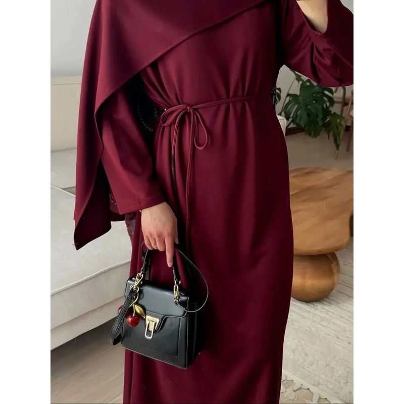 Robe longue élégante décontractée pour femmes, style musulman, couleur unie, manches longues, jupe à lacets