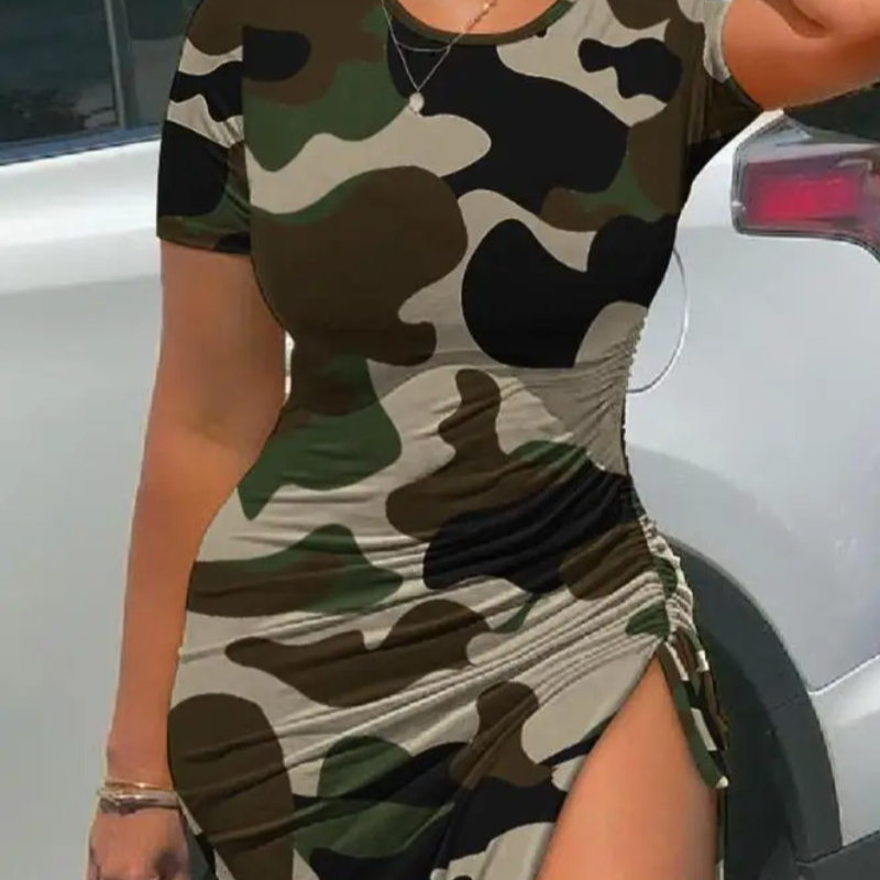 Robe à la mode pour femmes, imprimé Camouflage, cordon de serrage, fente haute, décontractée, col rond, jupe mi-longue froncée, slim, été, 2024